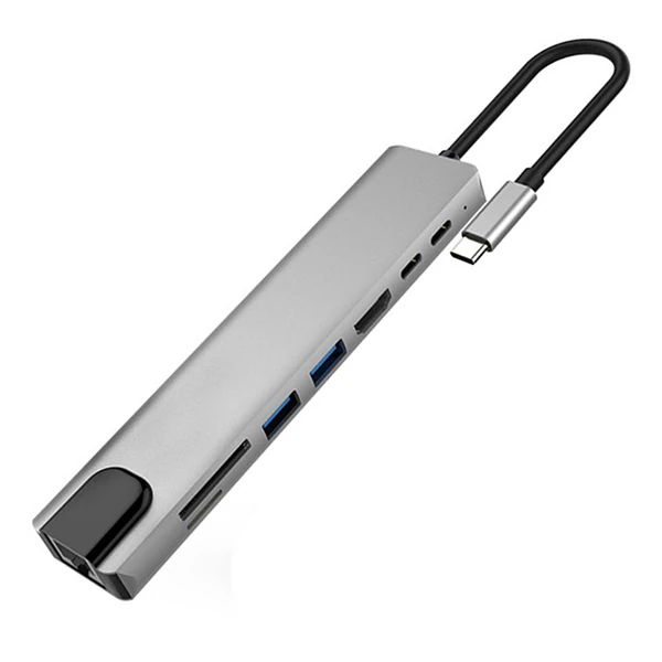 Ally 8 Port Usb 8in1 3.0 Type-C Hdmi 3XUSB+2 PD) RJ45 Hub Adaptör Çoklayıcı TF SD Kart-(1903)