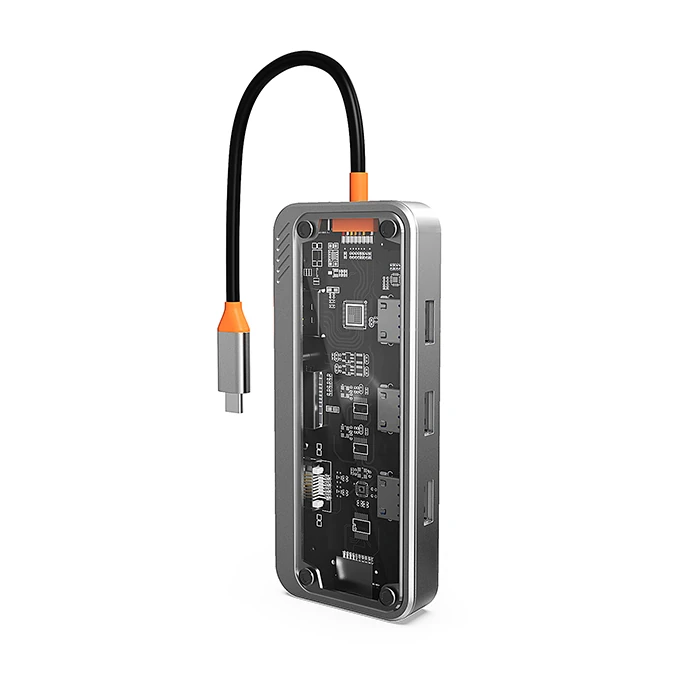ALLY SW1V-PRO Type-c To USB3.0 3adet+ 3.5mm+ HDMI+ VGA+ SD + TF + Ethernet Çoğaltıcı Transparan Hub-(1903)