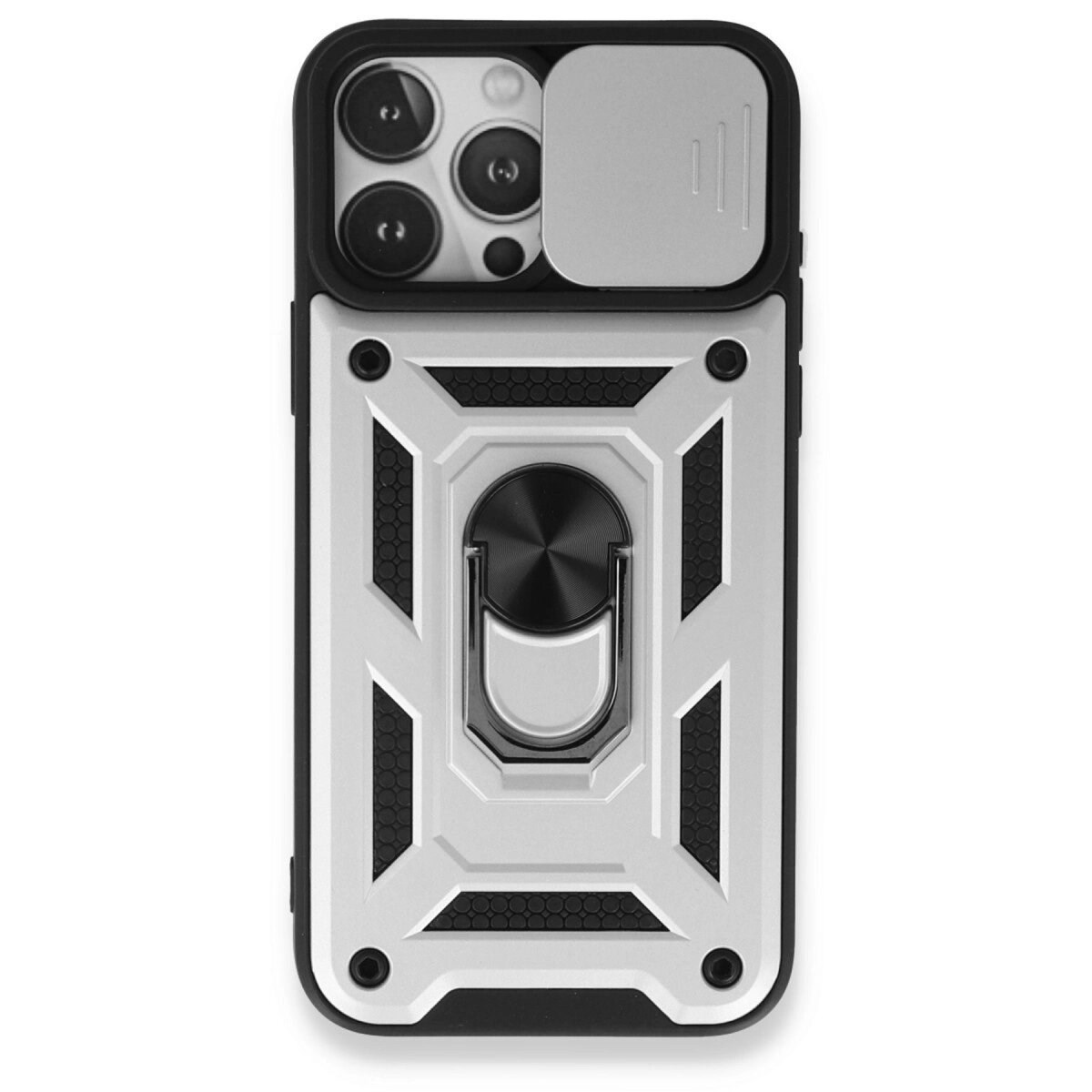 Apple İphone 15 Pro Kılıf Pars Lens Yüzüklü Silikon - Gümüş