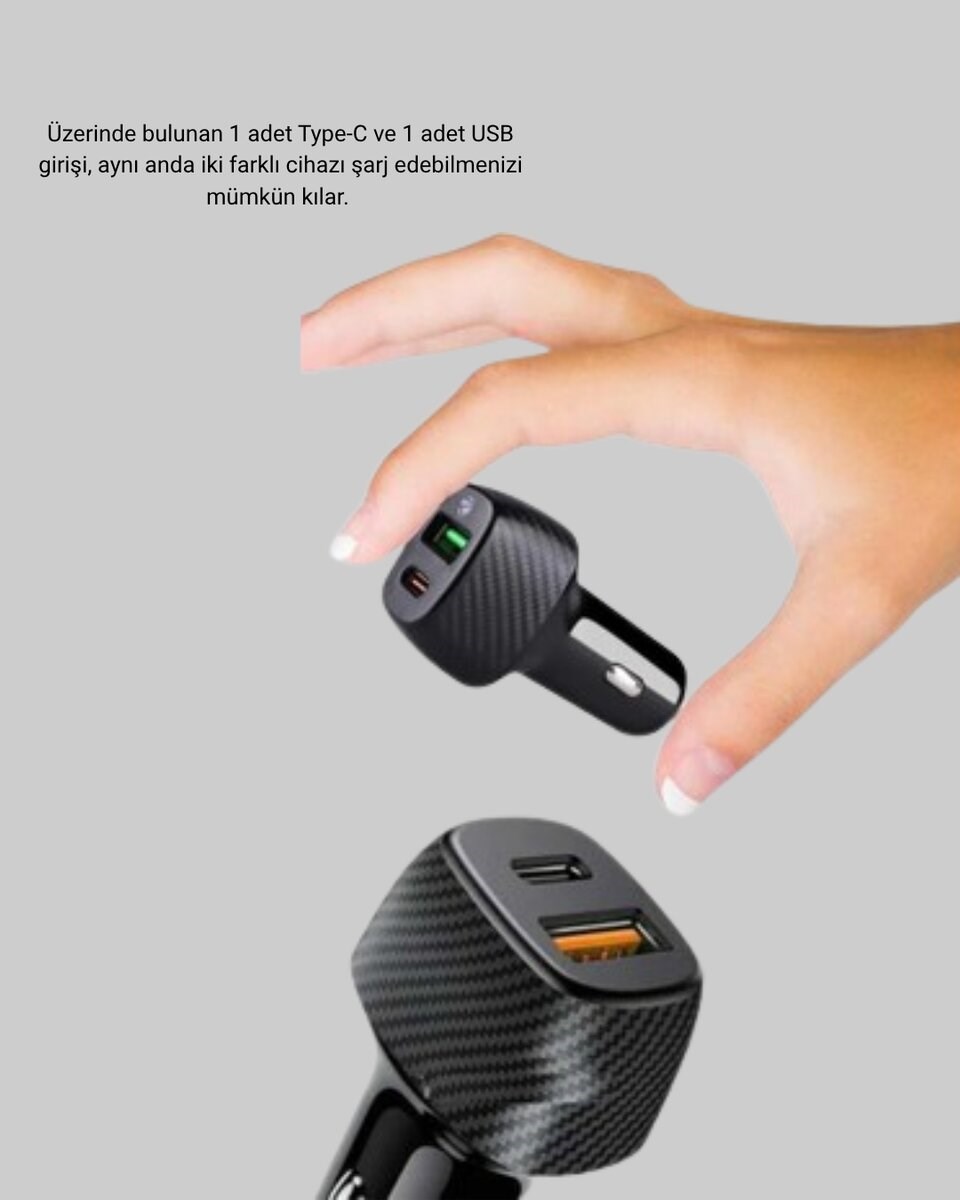Araç Tipi Hızlı Şarj Adaptörü Type-C PD USB Çift Port Kompakt