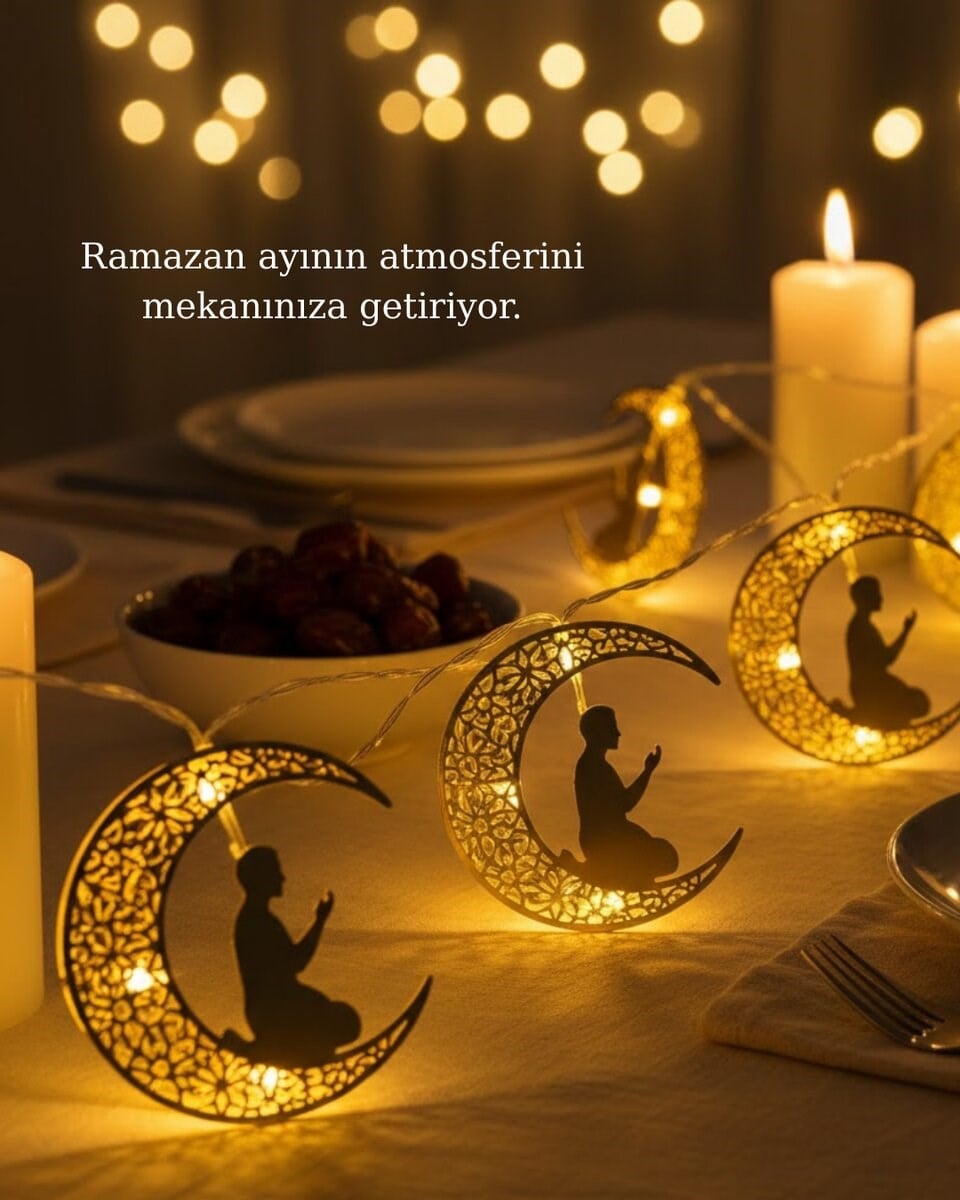 Ay ve Secde Tasarımlı Sıcak Beyaz LED Ramazan Işığı