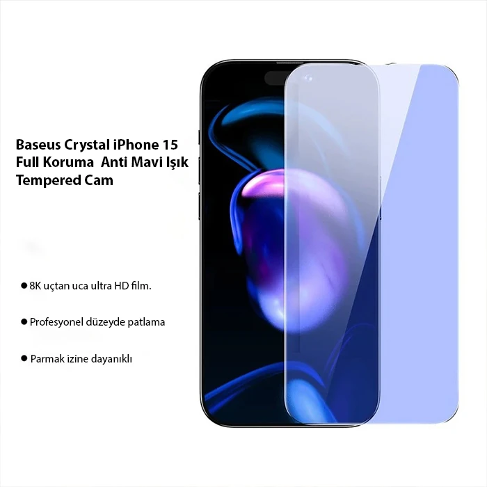 Baseus Crystal iPhone 15 Full Koruma Anti Mavi Işık Tempered Cam Ekran Koruyucu 2 Adet Set-(1903)