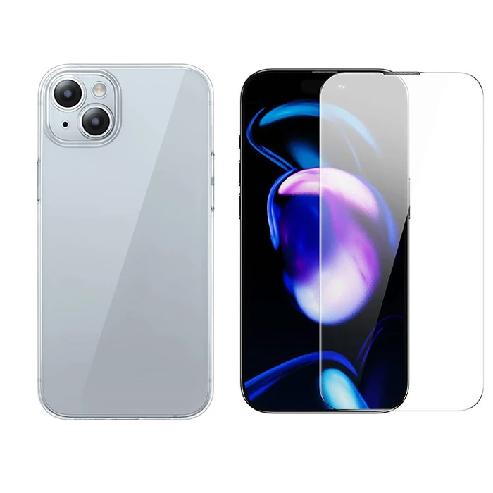 Baseus iPhone 15 Plus Schott Serisi Şeffaf Silikon Kılıf + Tempered Ekran Koruyucu Set-(1903)