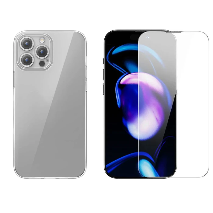 Baseus iPhone 15 Pro Max Schott Serisi Şeffaf Silikon Kılıf + Tempered Ekran Koruyucu Set-(1903)