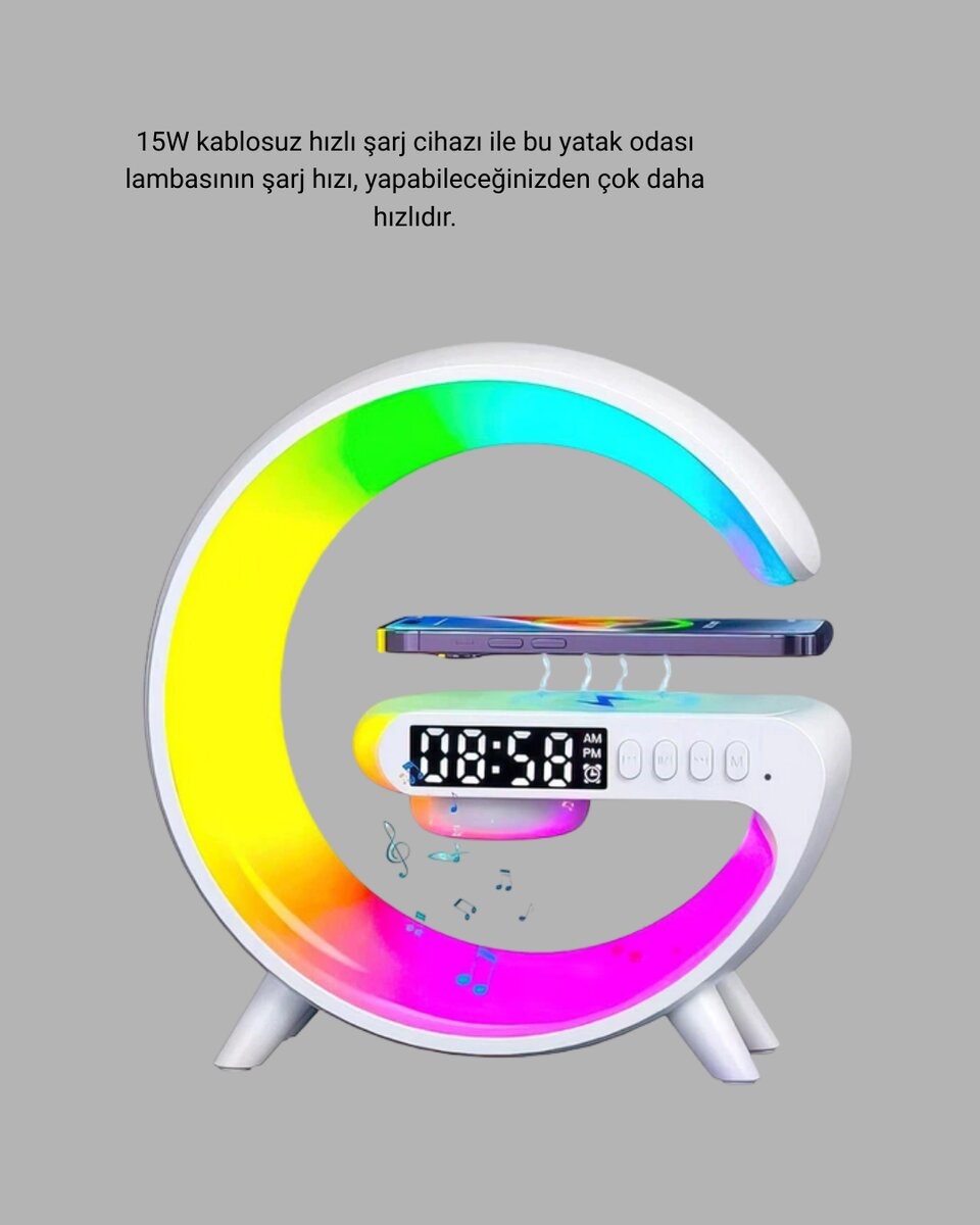 Bluetooth Hoparlörlü RGB Atmosfer Lambası Kablosuz Şarj ve Saat Özellikli