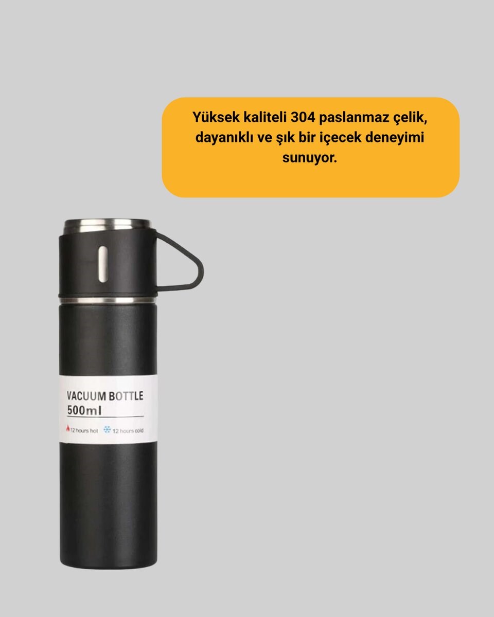 Çelik Termos Bardak Seti | 500 ml Kapasite, Kaymaz Taban, Hediye Kutulu
