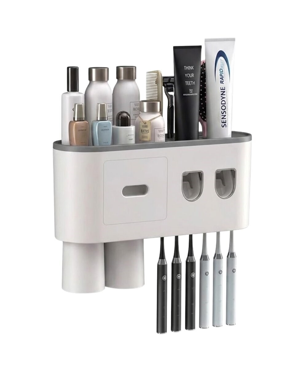 Çift Dispenserli Diş Macunu Sıkacağı 6 Fırçalık Bardaklı Banyo Organizer