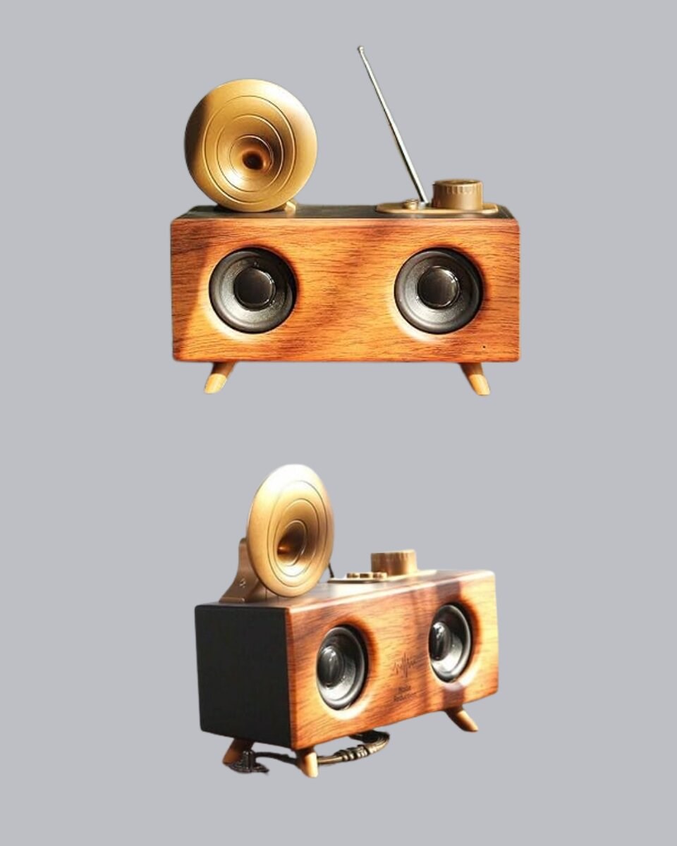 Çift Hoparlörlü Bluetooth Gramofon Speaker – FM Radyo, USB, SD Kart ve AUX Girişli