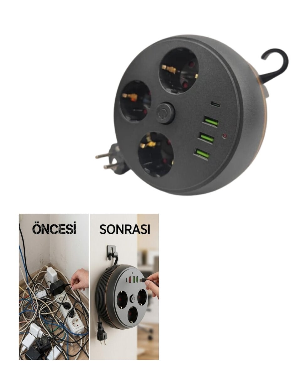 Çoklu Priz Akım Koruma 3 Soket 3 USB Type C Hızlı Şarj 2m Uzatma Kablosu