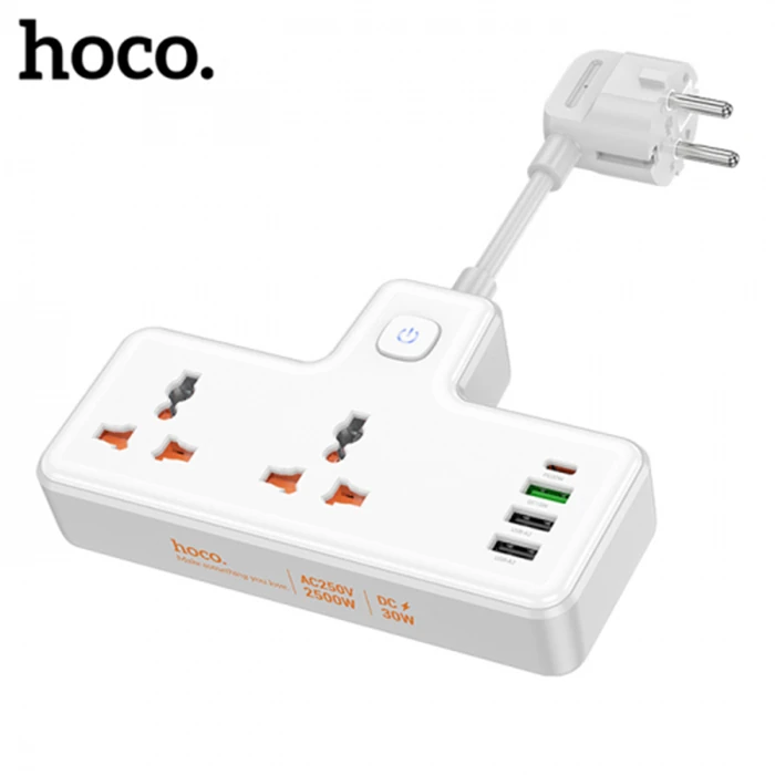 HOCO AC12A 2500W 2 Priz + 3 USB + 30W Type-C Multifonksiyonel Priz Çoğaltıcı Şarj Aleti-(1903)