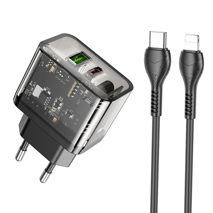HOCO N34 PD20W USB+Type-C + iPhone Lightning Kablo Hızlı Şarj Adaptör Seti-(1903)