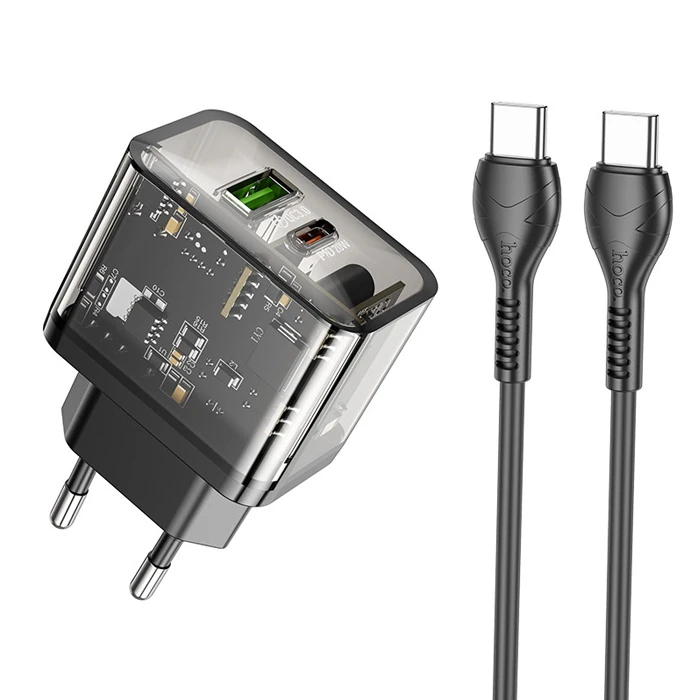 HOCO N34 PD20W USB+Type-C + Type-C Kablo Hızlı Şarj Adaptör Seti-(1903)