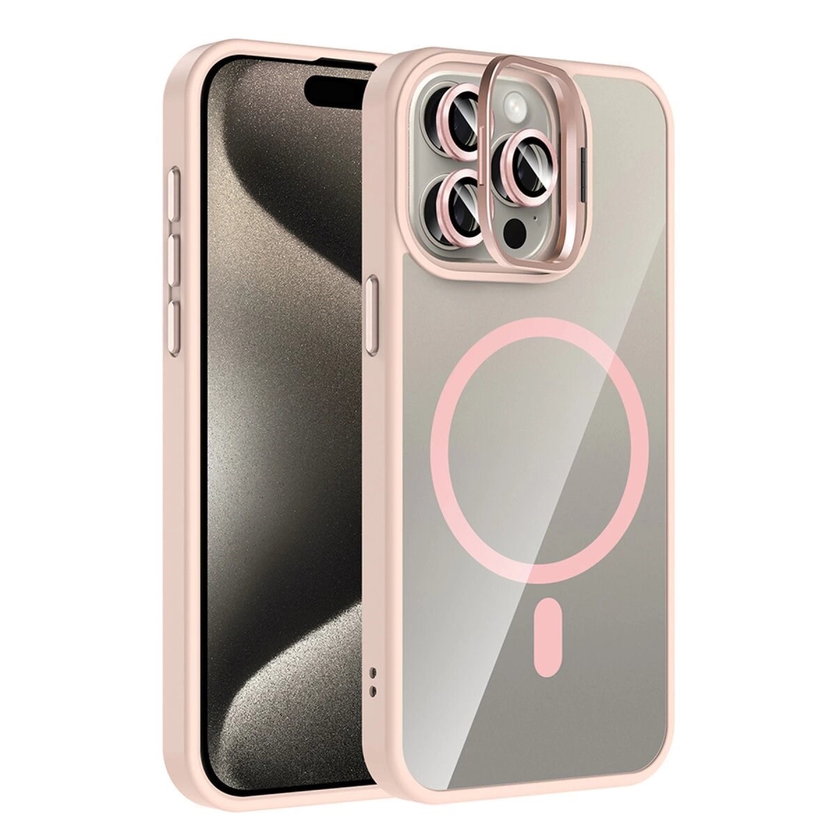 Joko Apple İphone 15 Pro Max Remim Lensli Magsafe Standlı Kapak - Pembe