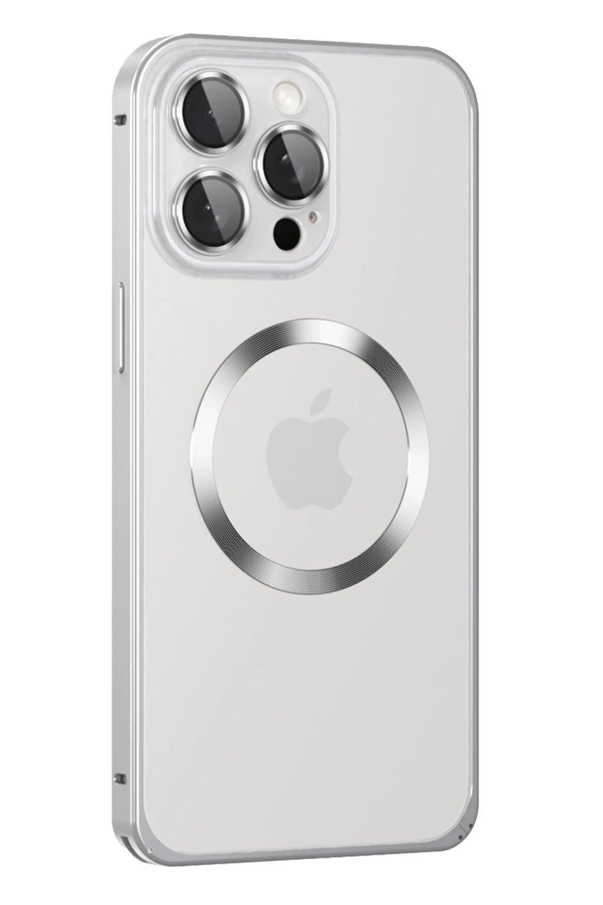Joko iPhone 15 Pro Max Kılıf Metal Bumper Magneticsafe Kapak - Gümüş