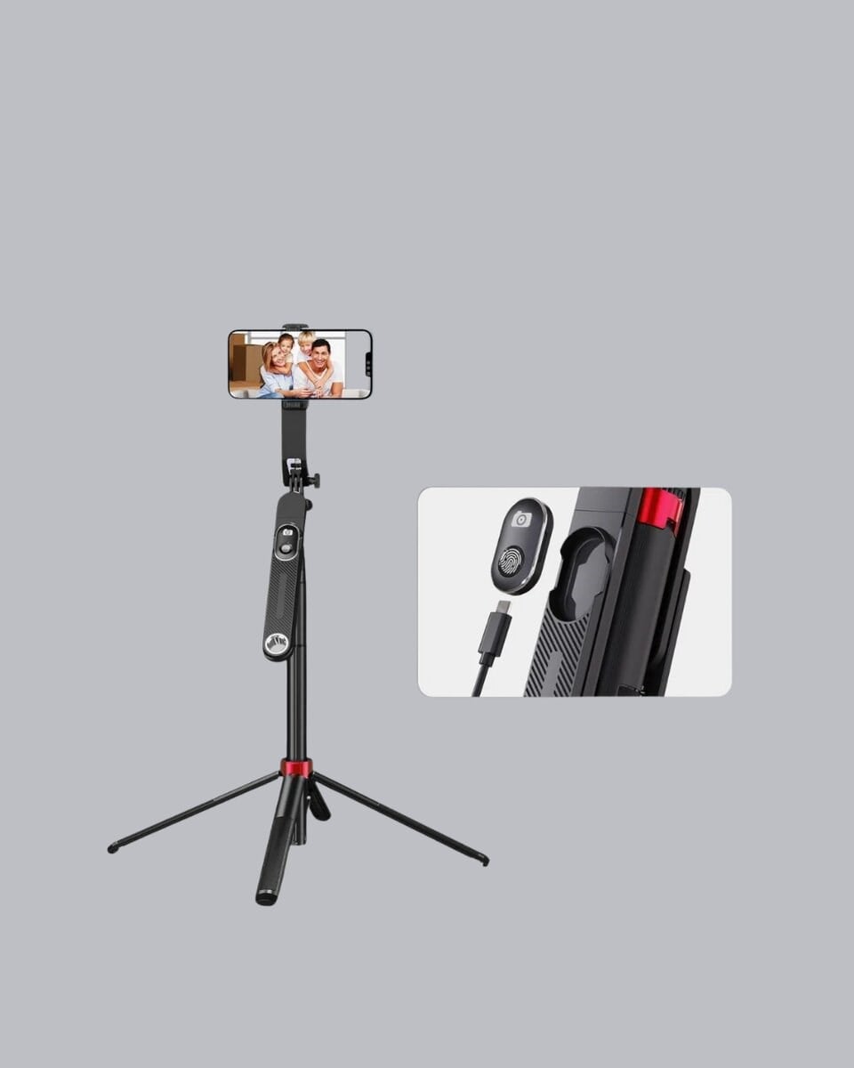 Kablosuz Çift Yaka Mikrofonu ve Tripodlu Selfie Çubuğu İçerik Üretici Seti