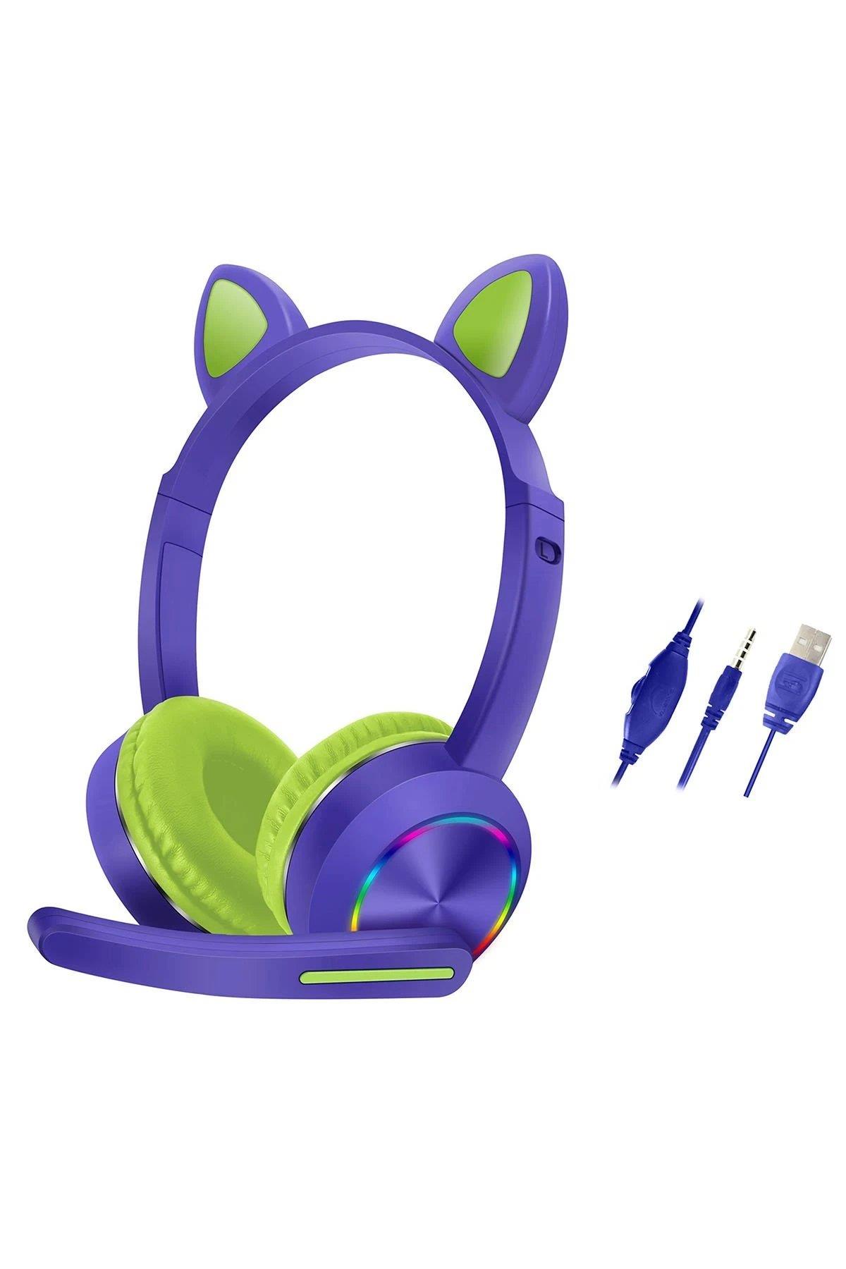 Karler Bass AKZ020 Kafa Üstü Işıklı Kedi Kulaklık - Mor
