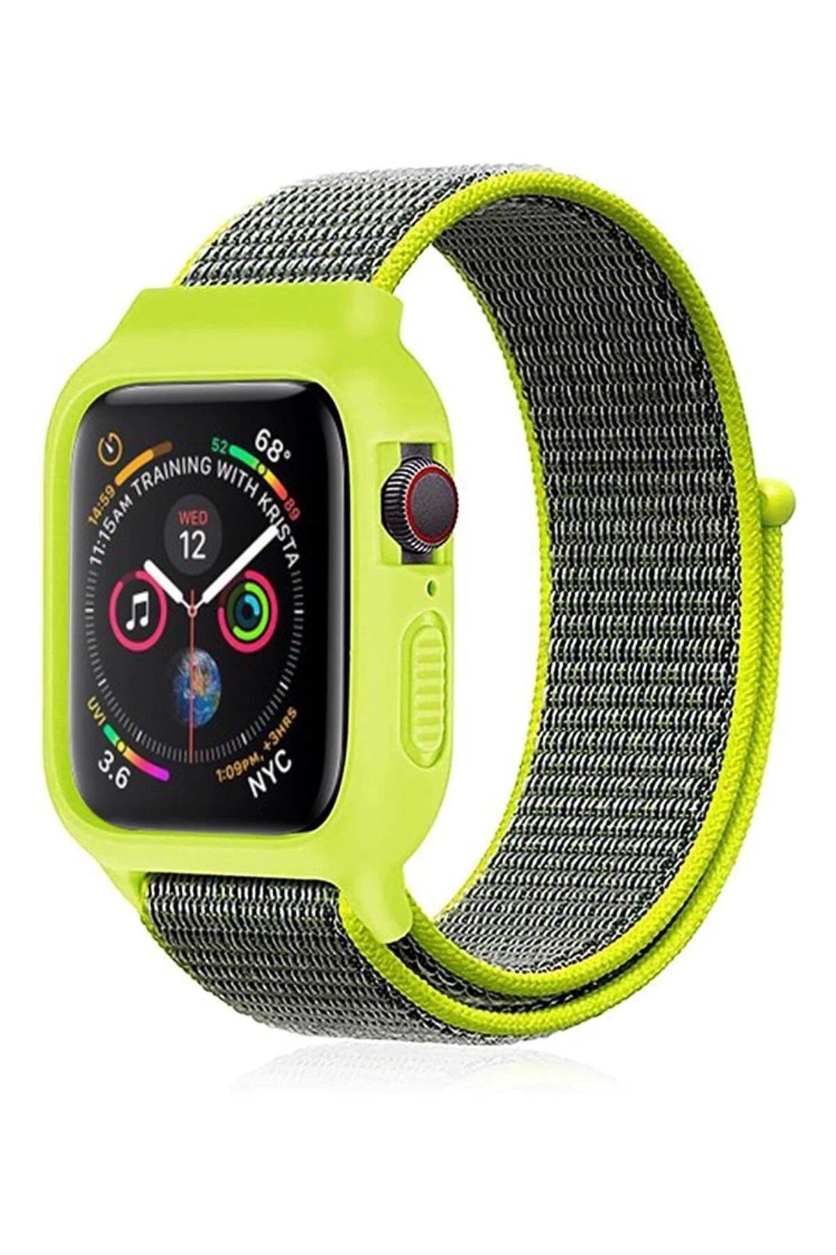 Newface Apple Watch 38mm Hasırlı Cırtcırtlı Kasalı Kordon - Yeşil