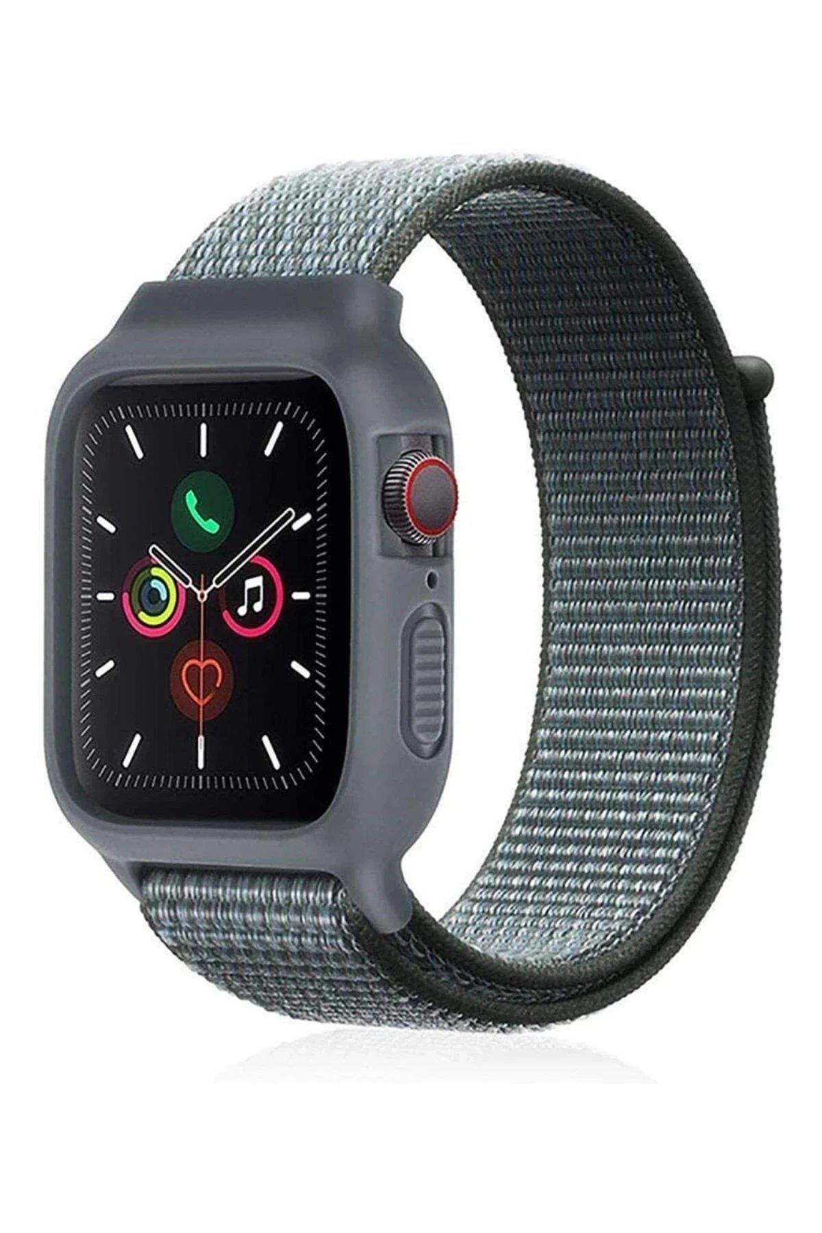 Newface Apple Watch 38mm Hasırlı Cırtcırtlı Kasalı Kordon - Griuaz