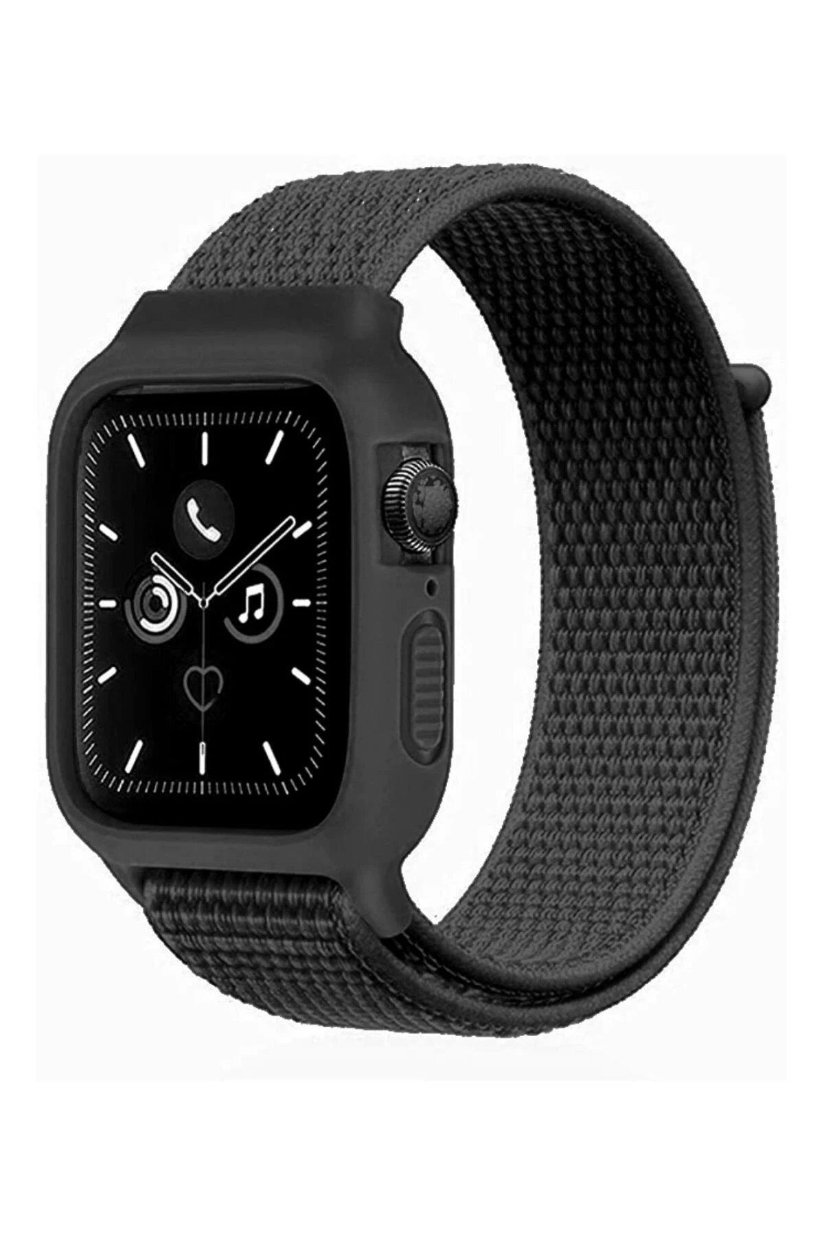 Newface Apple Watch 38mm Hasırlı Cırtcırtlı Kasalı Kordon - Siyah