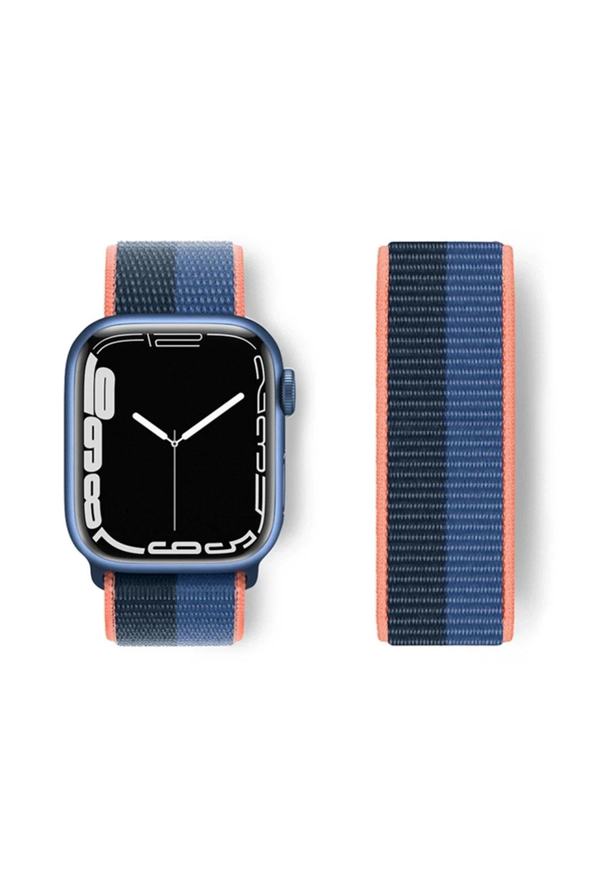 Newface Apple Watch 38mm Hasırlı Cırtcırtlı Kordon - Siyah-Mavi