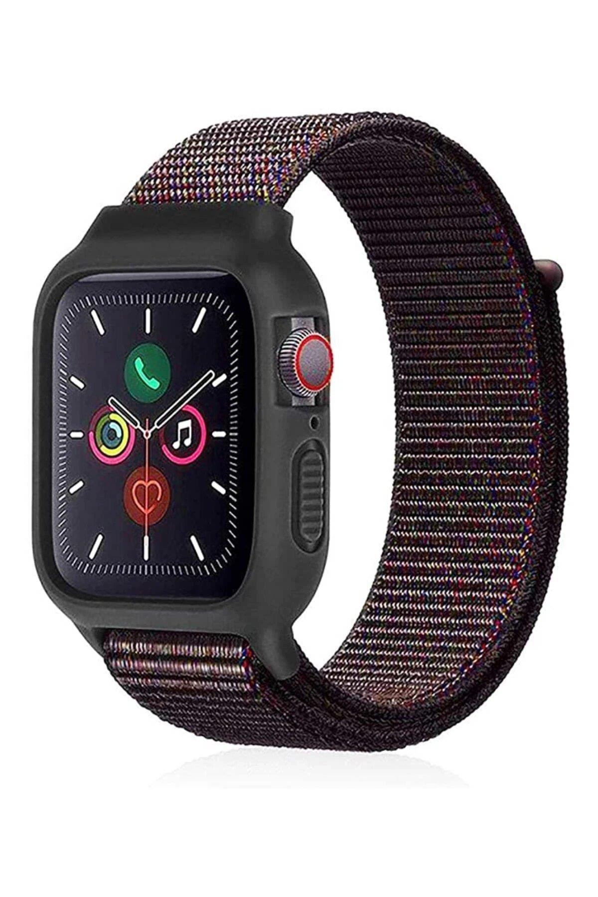 Newface Apple Watch 38mm Hasırlı Cırtcırtlı Kasalı Kordon - Siyah-Mavi