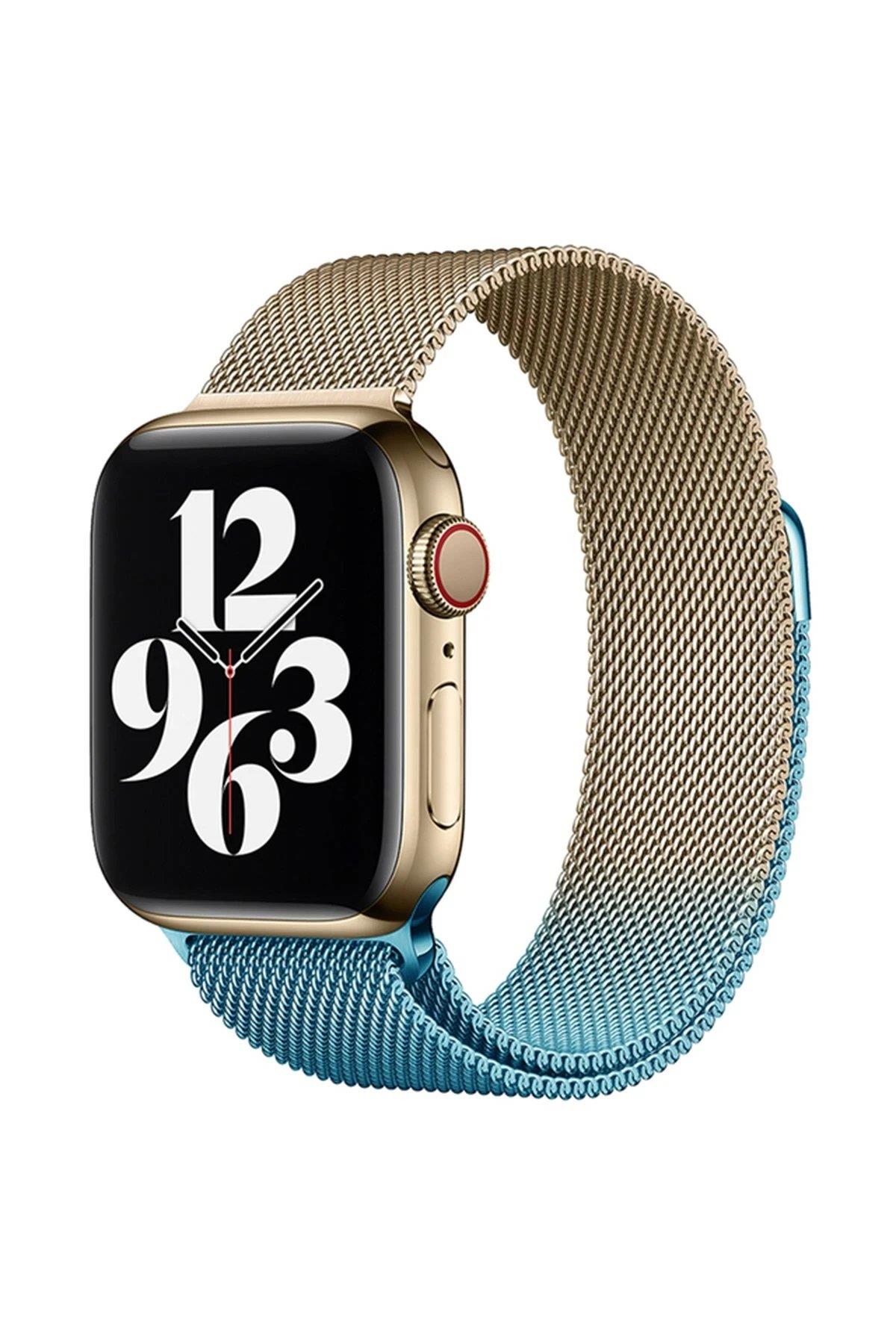 Newface Apple Watch 38mm Metal Mıknatıslı Kordon - Metalik Gold-Mavi