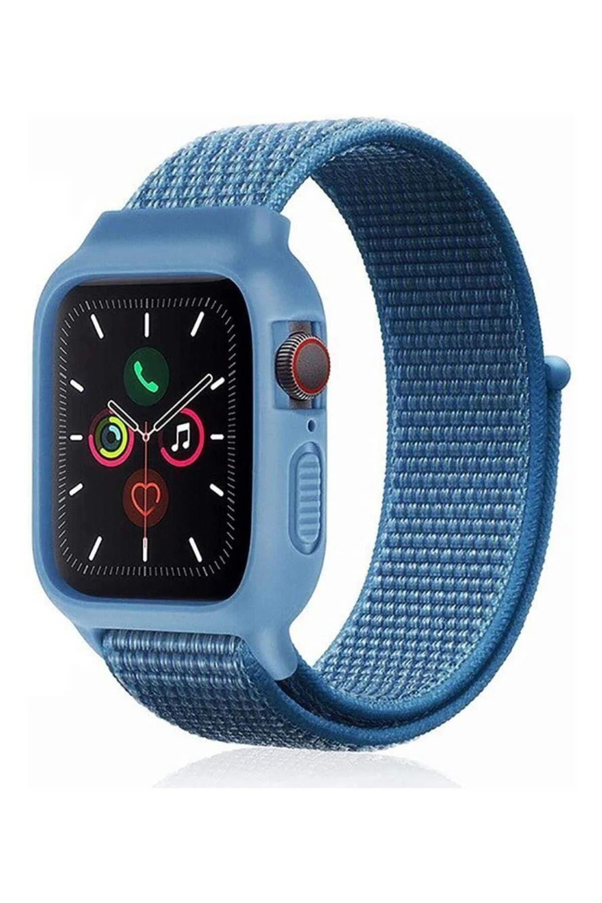 Newface Apple Watch 42mm Hasırlı Cırtcırtlı Kasalı Kordon - Mavi