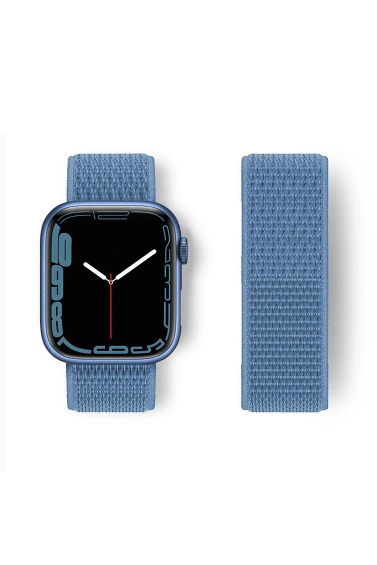 Newface Apple Watch 42mm Hasırlı Cırtcırtlı Kordon - Mavi