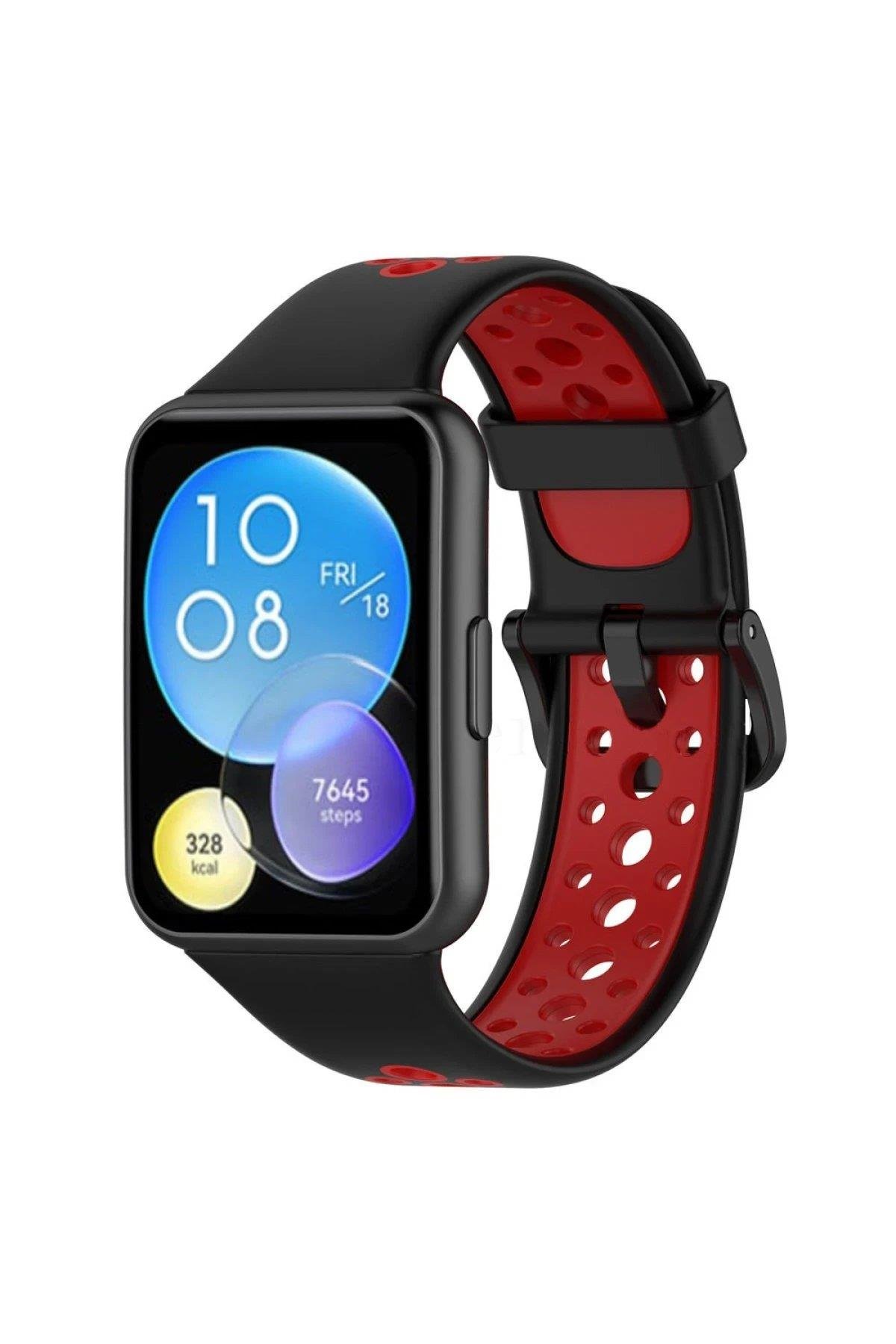 Newface Huawei Watch Fit 2 Spor Delikli Kordon - Siyah-Kırmızı