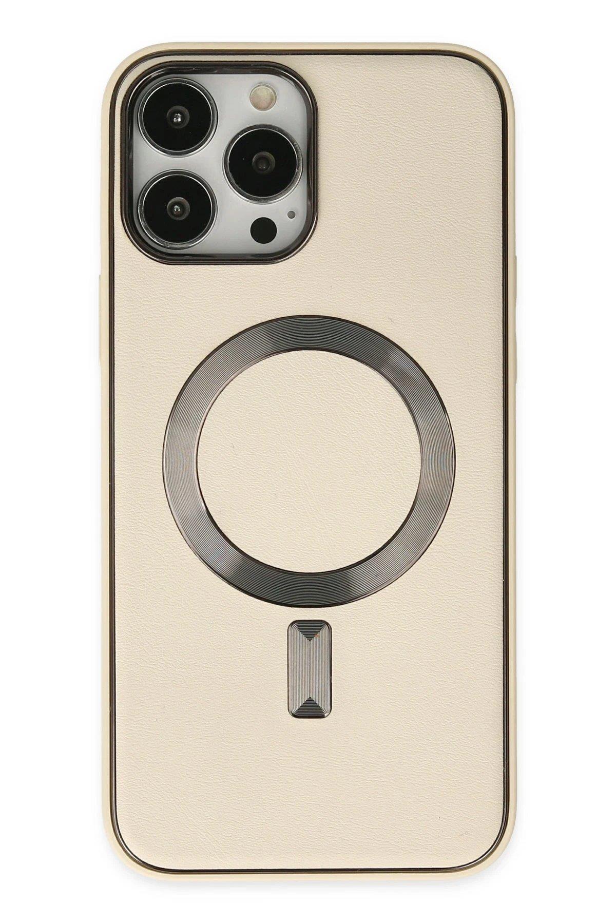 Newface iPhone 13 Pro Kılıf Coco Deri Magneticsafe Silikon - Krem