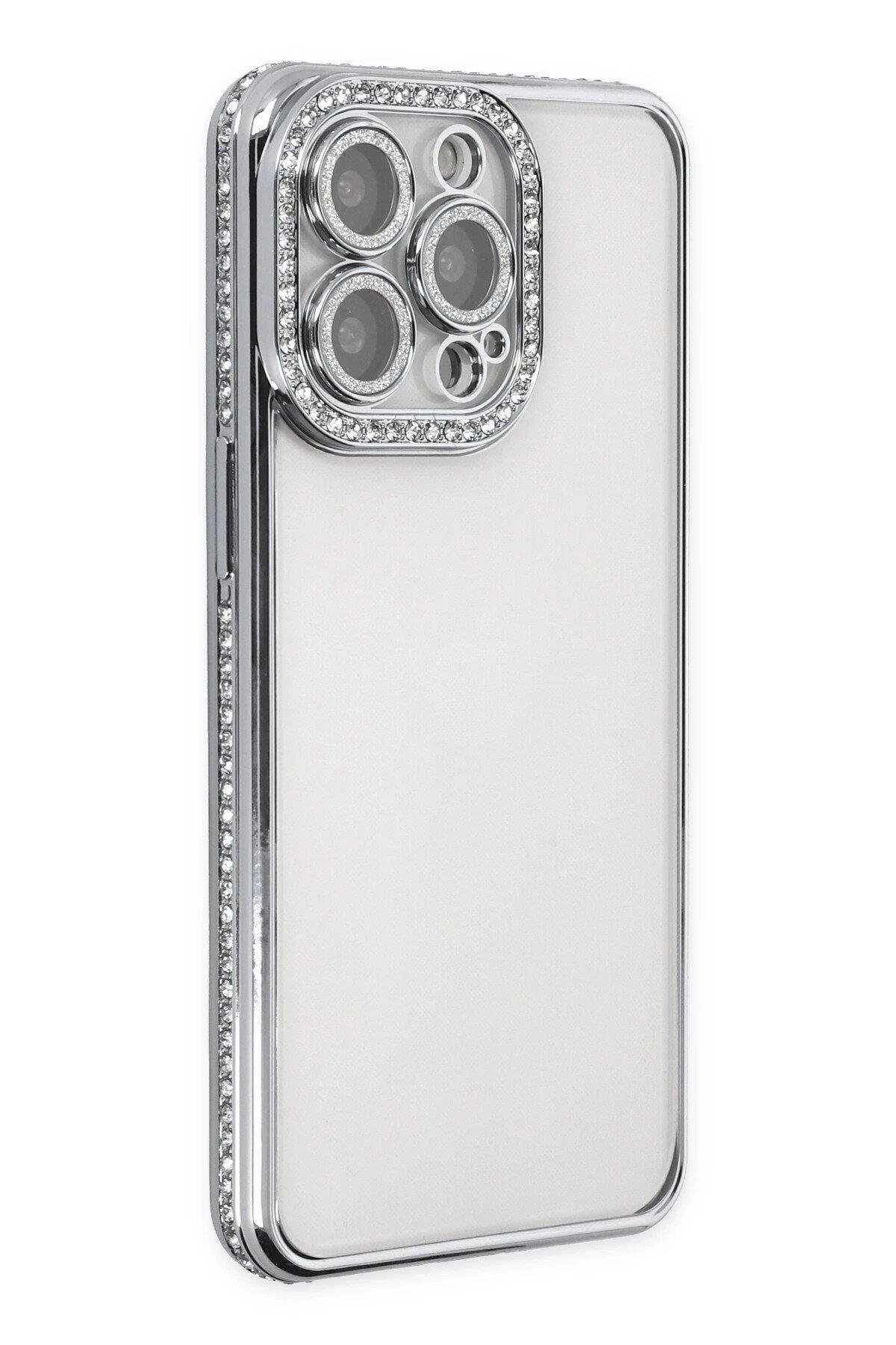 Newface iPhone 13 Pro Kılıf Joke Taşlı Silikon - Gümüş