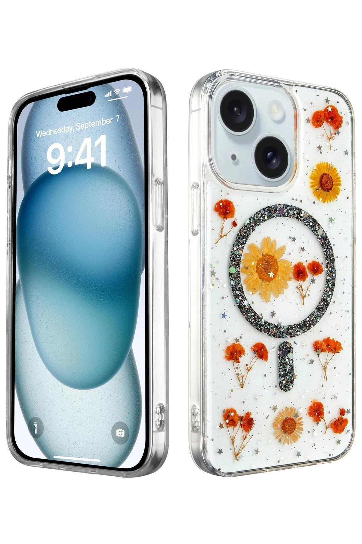 Newface iPhone 15 Plus Kılıf Daisy Simli Magsafe Kapak - Siyah