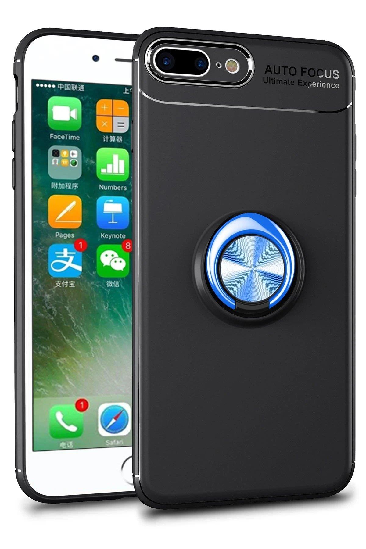 Newface iPhone 7 Plus Kılıf Range Yüzüklü Silikon - Siyah-Mavi