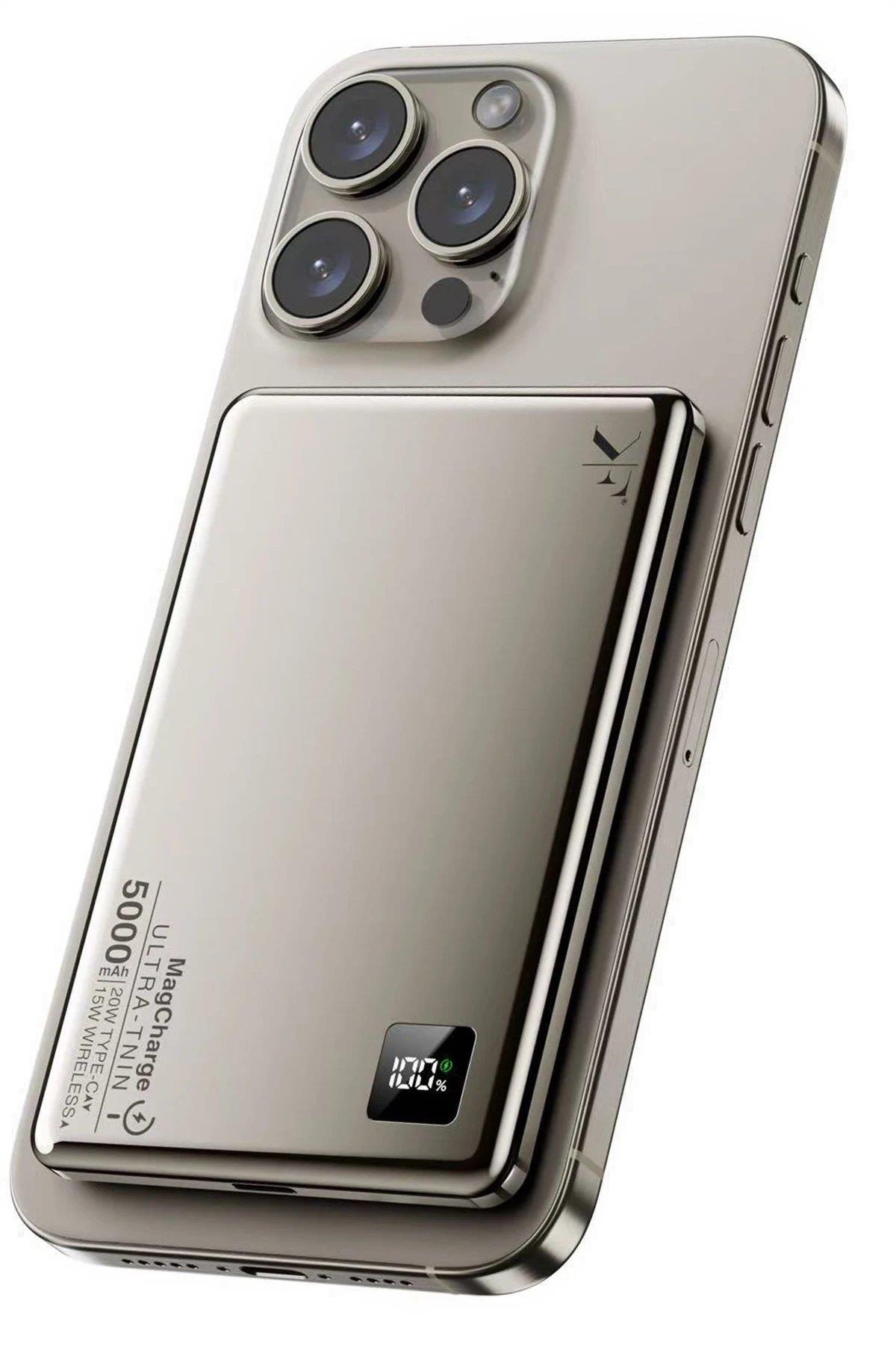 Newface PW555 5.000 mAh Dijital Göstergeli 18W Type-C ve 15W Kablosuz Şarj PD Hızlı Şarj Magsafe Powerbank - Titanyum