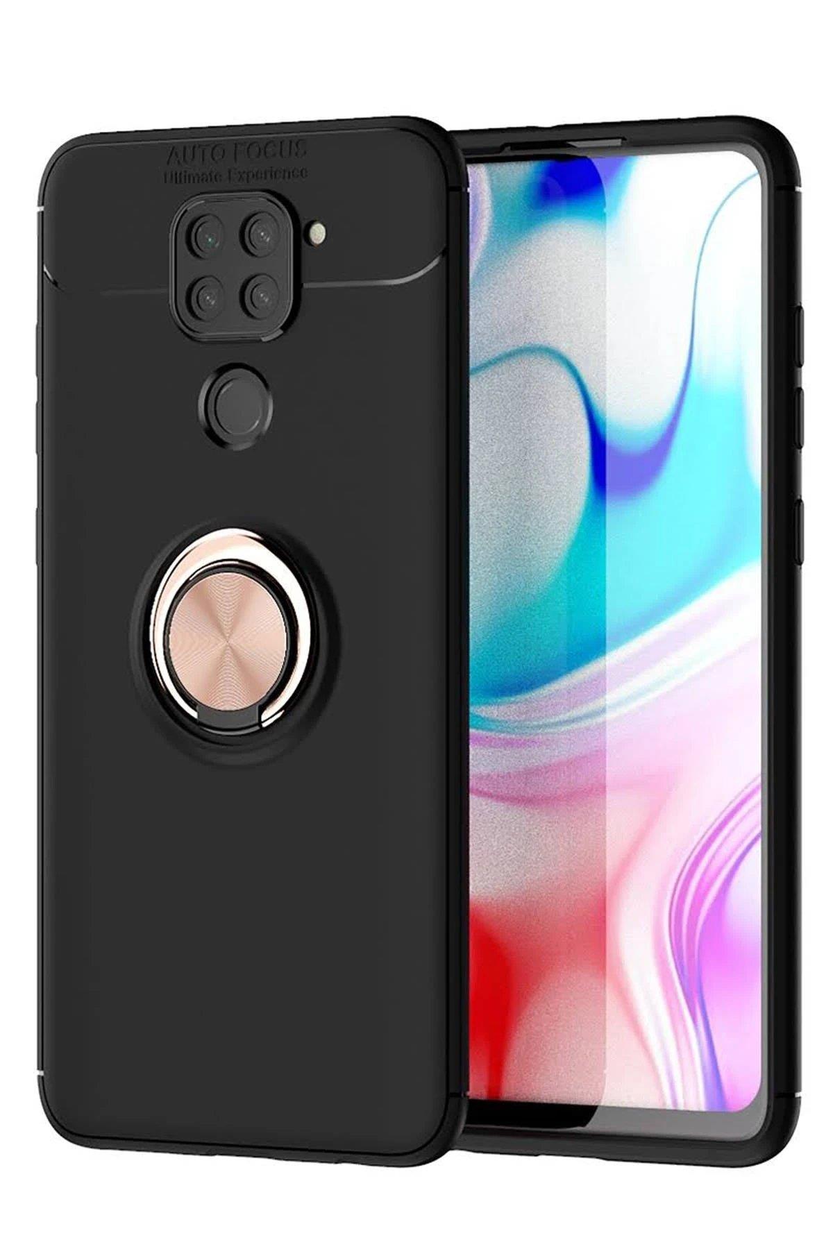 Newface Xiaomi Redmi Note 9 Kılıf Range Yüzüklü Silikon - Siyah-Gold