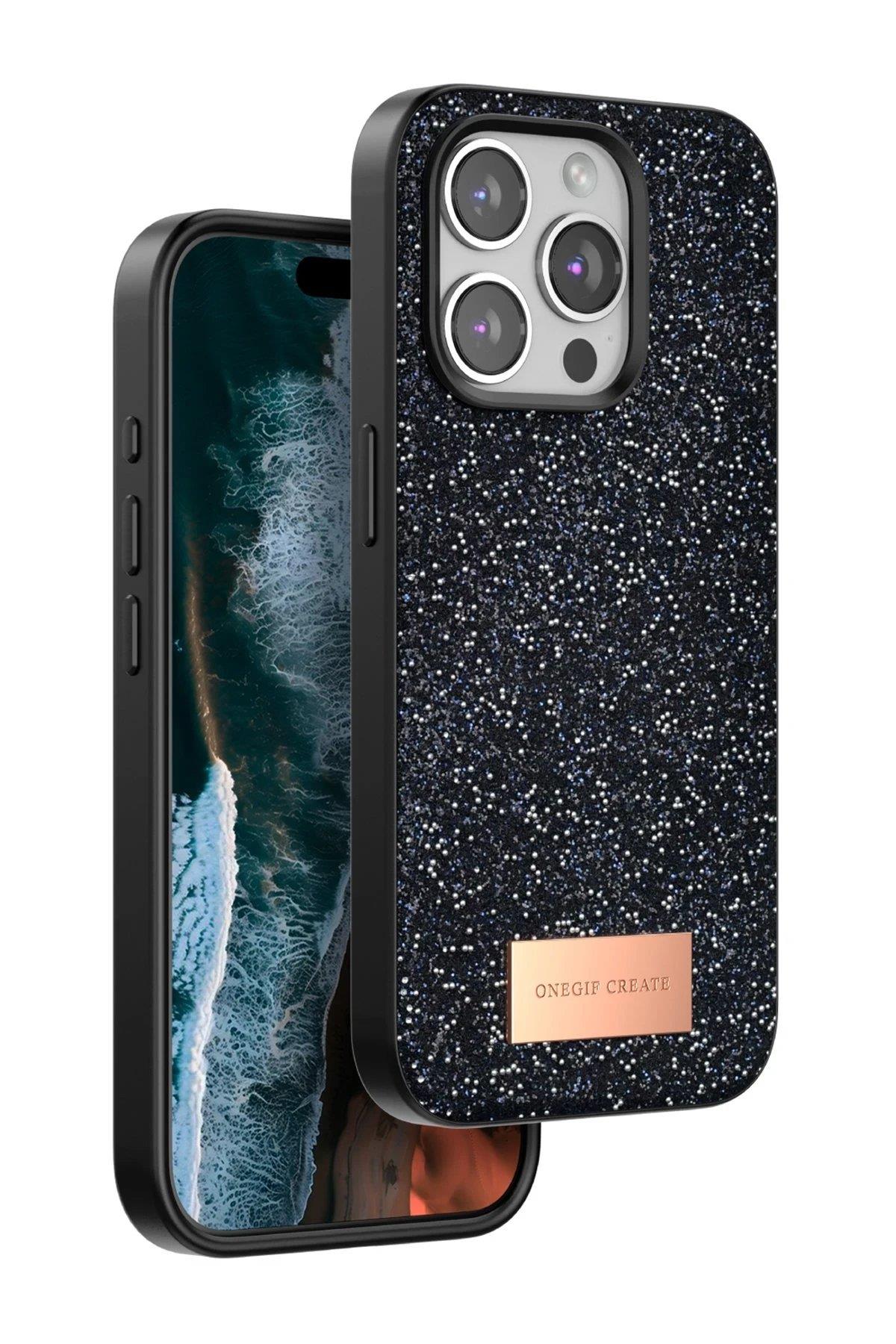 Onegif iPhone 15 Pro Bright Simli Kapak - Siyah