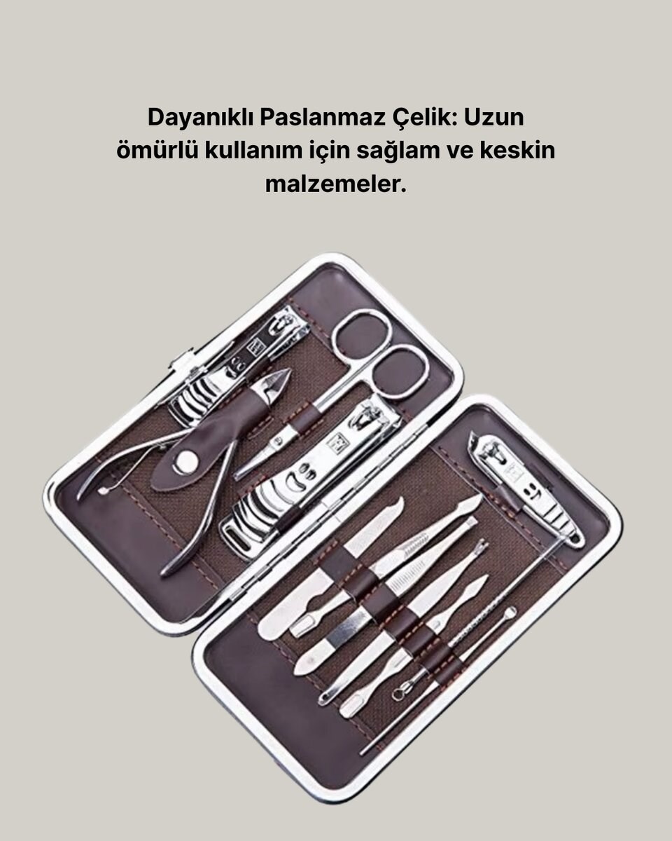 Özel Deri Çantalı 12 Parça Manikür Pedikür Bakım Seti Paslanmaz Çelik