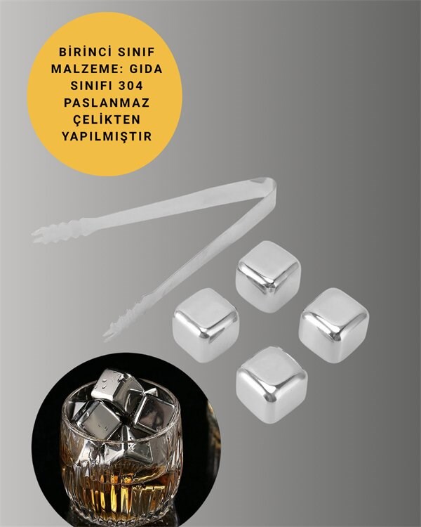 Paslanmaz Çelikten Üretilmiş Metal Buz Küpü Seti ve Buz Klipsi