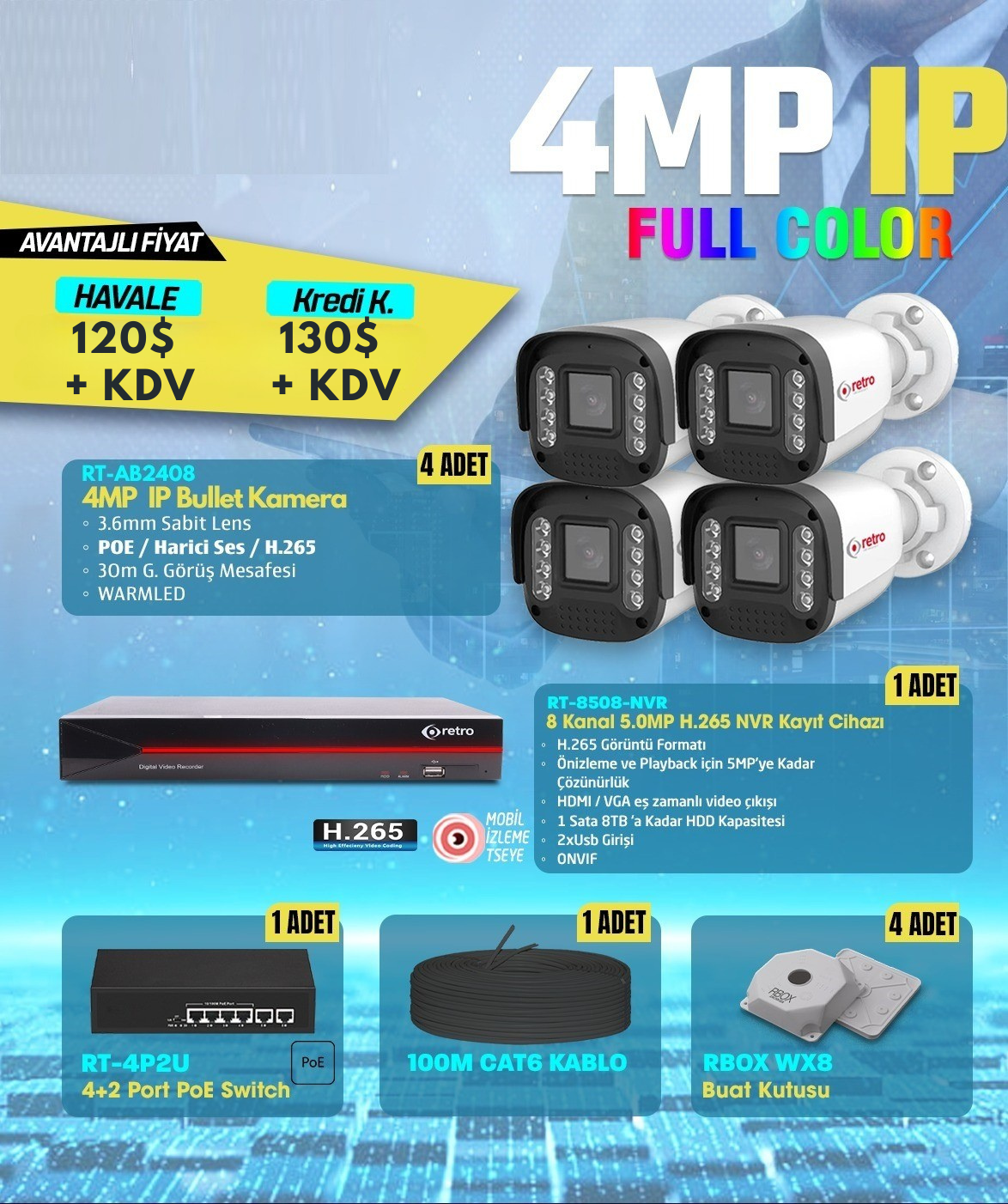 RETRO 4'LÜ İP KAMERA SETİRETRO RT-AB2408 4MP İP BULLET FULL COLOR KAMERA, RETRO RT-8508-NVR 8 KANAL 5.0MP H.265 NVR KAYIT CİHAZI, RETRO RT-4P2U 4+2 PORT POE SWİTCH, 100M CAT6 KABLO, RBOX WX8 BUAT KUTUSU, İP KAMERA SETİ KURULUM İSTERSENİZ BİZİMLE İLETİŞİME GEÇEBİLİRSİNİZ.GRİTTYKampanya & Paketler