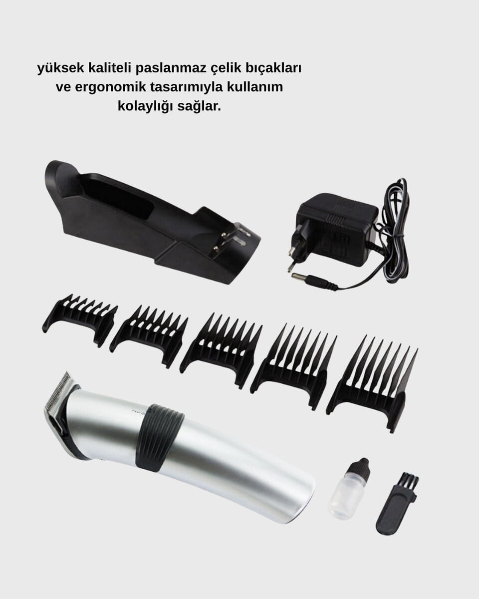 Şarjlı Saç ve Sakal Kesme Makinesi – Paslanmaz Çelik Bıçak, Ayarlanabilir Başlık