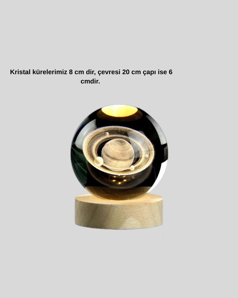 Satürn Desenli Kristal Küre LED Gece Lambası Ahşap Standlı
