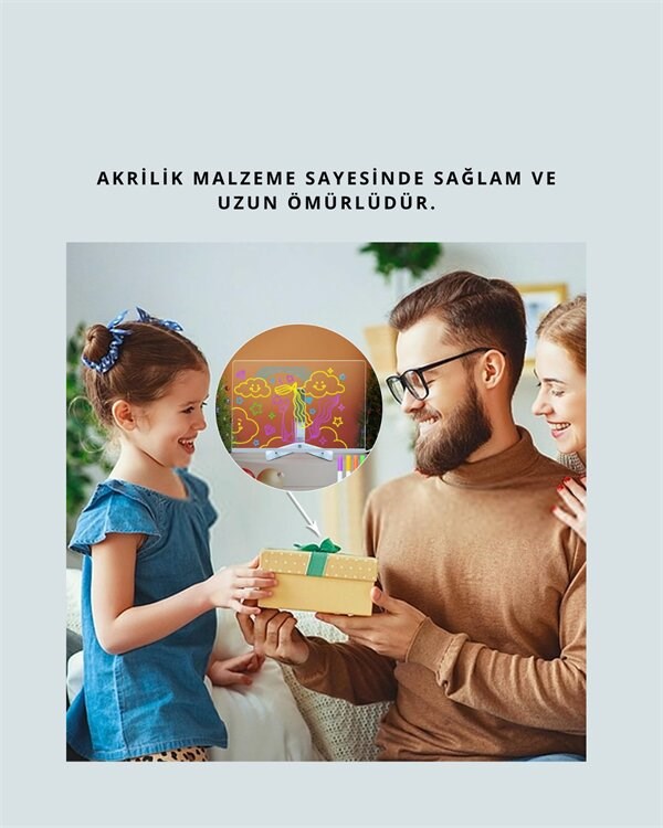 Şık ve Modern LED Pano – Neon Işıklı Silinebilir Akrilik Yazı Tahtası, 7 Renkli Kalem Dahil