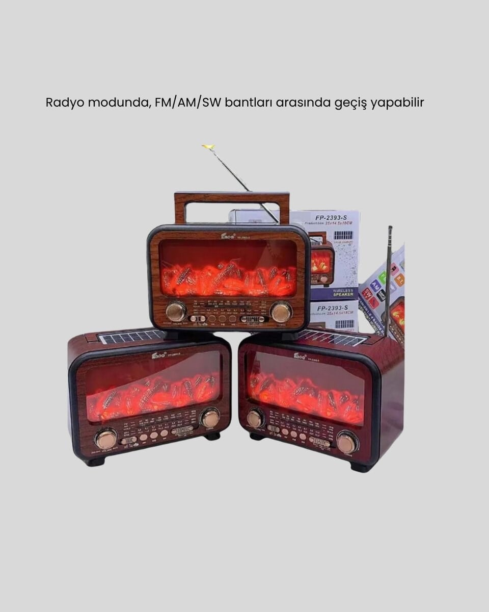 Şömine Efektli Solar Hoparlör Bluetooth 5.3 Radyo AUX USB TF Destekli