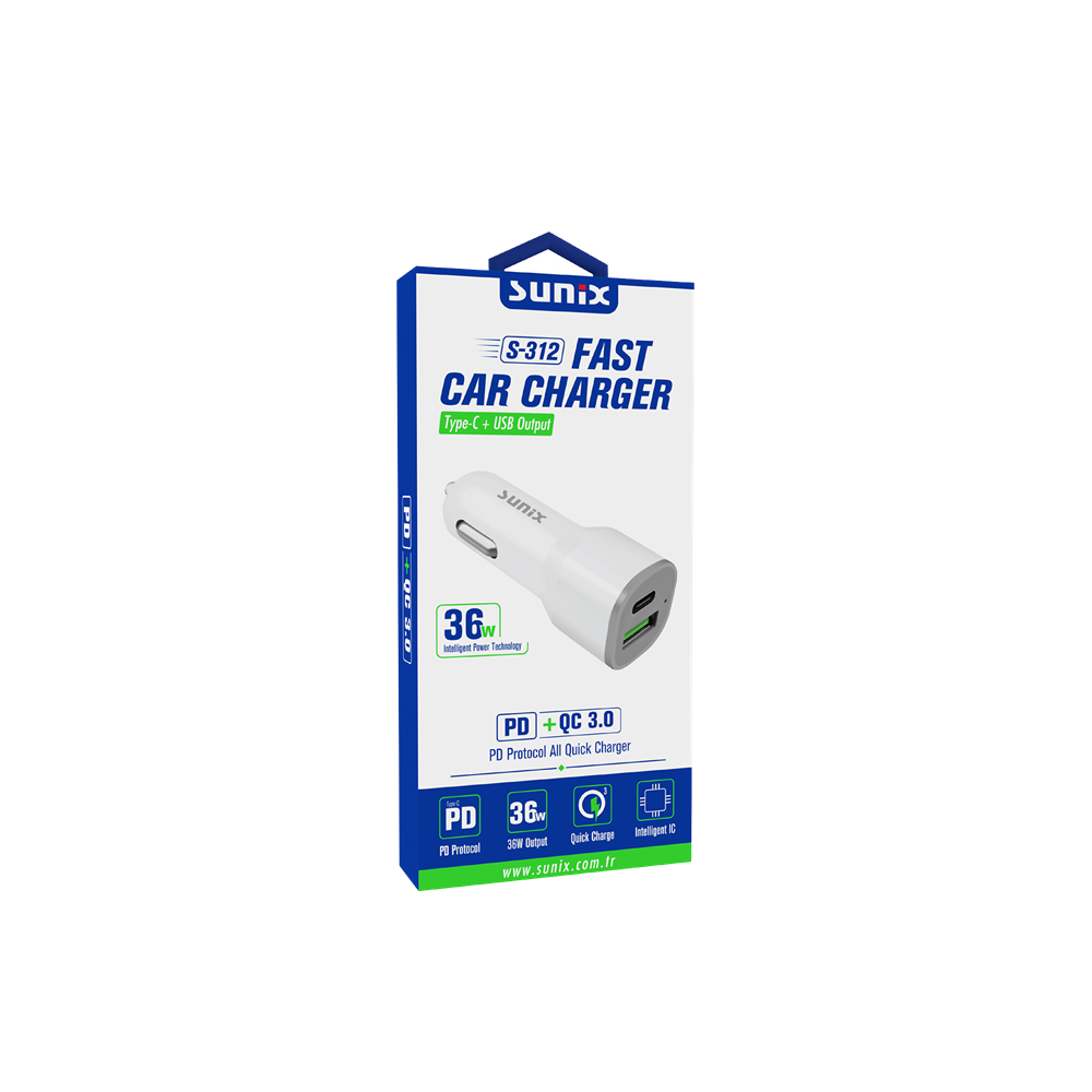 SUNİX ARABA ŞARJI 38W TYPE-C + USB QC 3.0 S-312