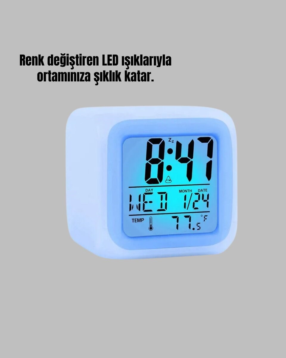 Termometre ve Takvim Özellikli 7 Renk Değiştiren Küp Alarm Saati