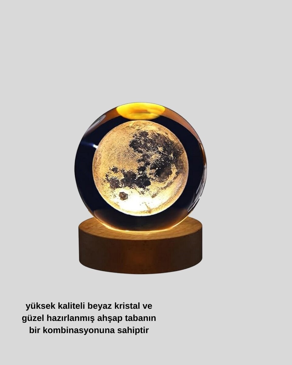 USB Işıklı Ay Kristal Küre 3D Oyma Tasarım Ahşap Standlı Gece Lambası