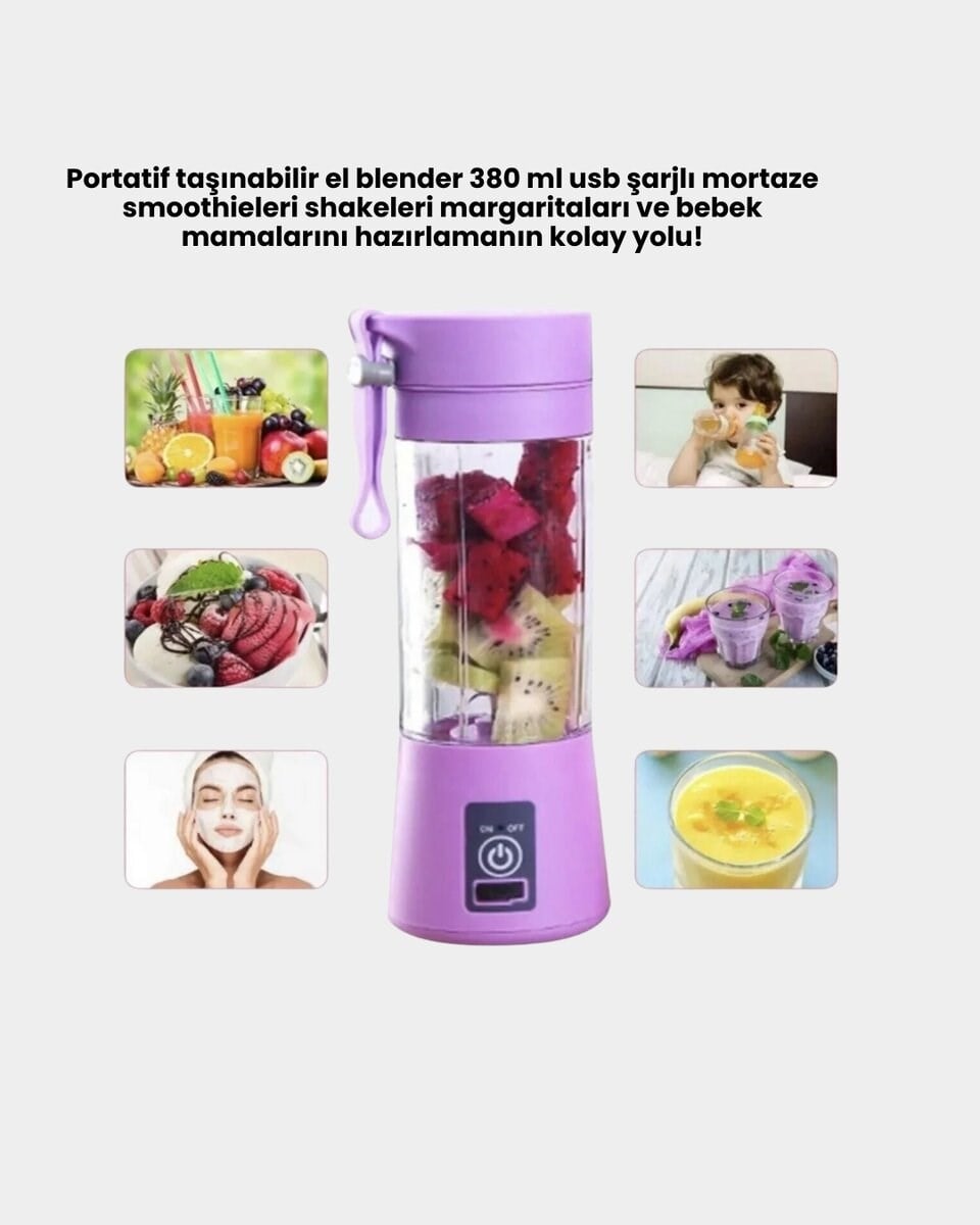 USB Şarjlı Portatif Blender 380ml Çelik 304 Bıçaklı Mobil Smoothie Maker