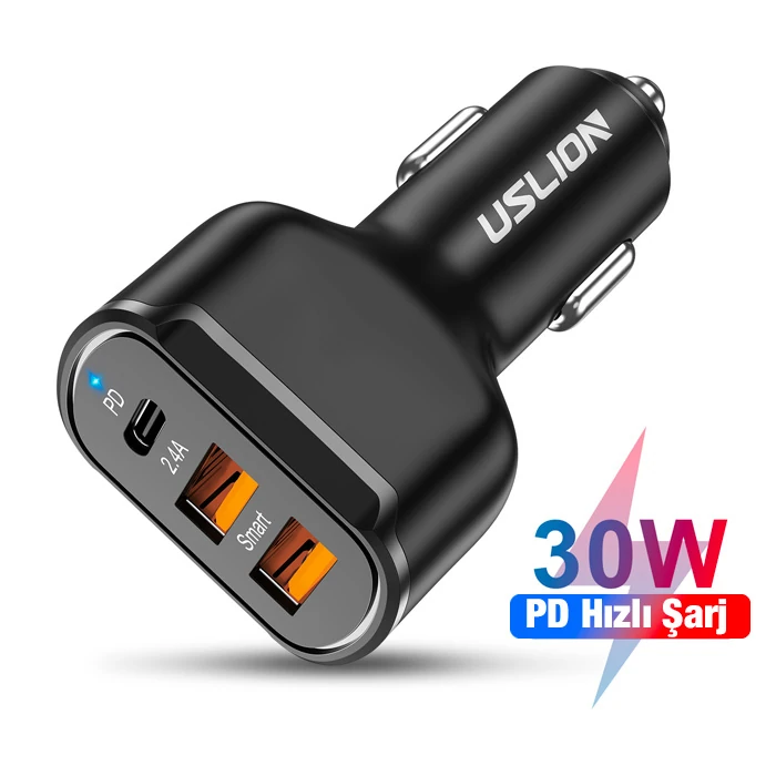 USLİON 30W 2 USB + Type-C Girişli QC3.0 Hızlı Araç Çakmaklık Şarjı-(1903)