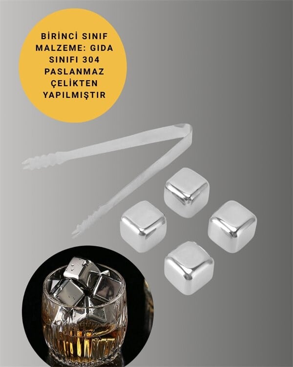 Yeniden Kullanılabilir 304 Çelik Metal Buz Küpleri 4'lü Set