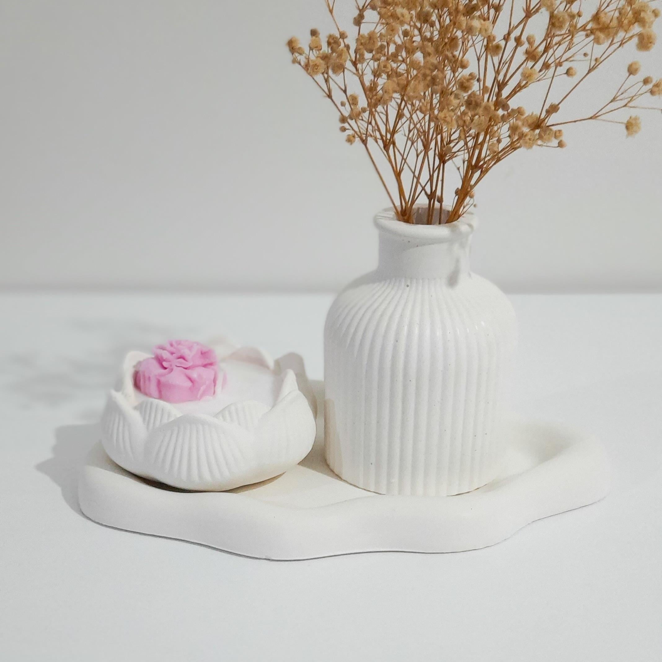 3 Parça Kokulu Soya Mum Bulut Tepsi ve Vazo Set